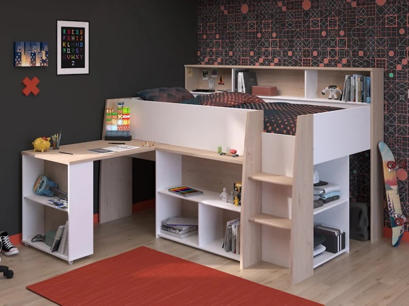 Witte Halfhoogslaper Lucas met uitschuifbaar bureau en opbergruimte van Parisot - PS Slapen - EAN 3480940299523