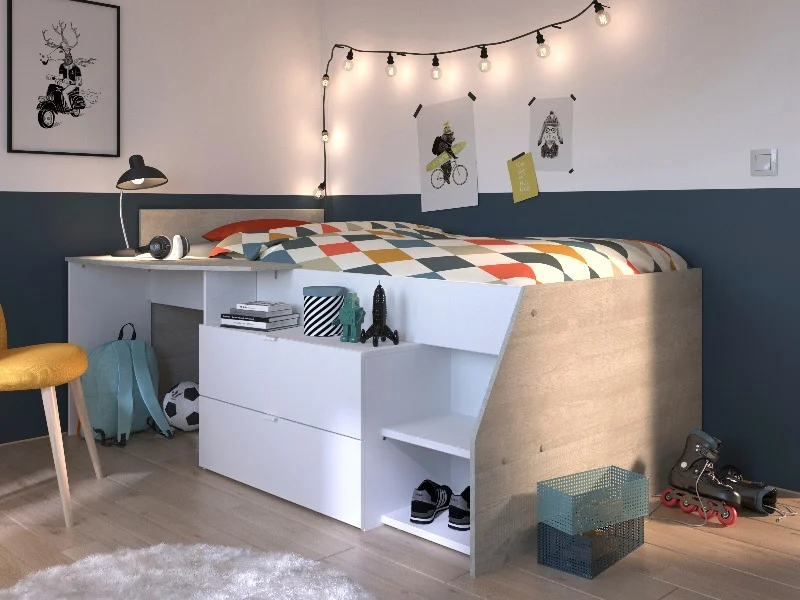 Kajuitbed Milky 90x200 met bureau en lades wit-grijs - Parisot - EAN 3480940227458 - PS Slapen.