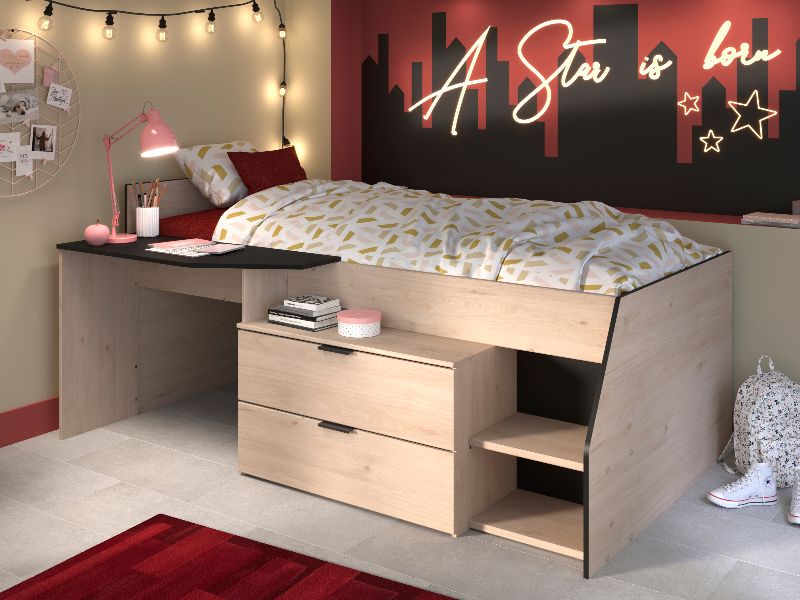 Kajuitbed met bureau zwart eiken Milky