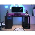 Zwart gaming bureau met LED verlichting, plek voor twee schermen.