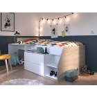 Kajuitbed Milky met bureau en lades – wit-grijs,