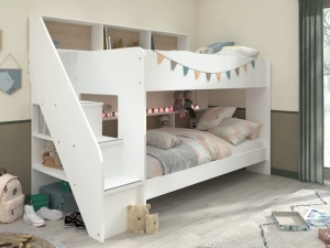 Wit stapelbed Biblio van Parisot (90x200 cm) met ingebouwde boekenkast.