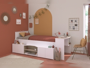 Eenpersoonsbed Cleo 90x200 met bureau en opbergruimte in wit/eiken.