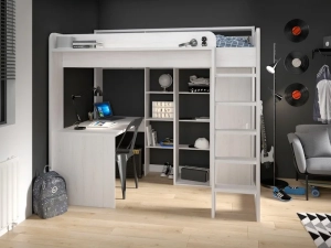 Compleet overzicht Hoogslaper Higher 90x200 in wit-essen met bureau, kast en diverse vakken - EAN 3480940291053.