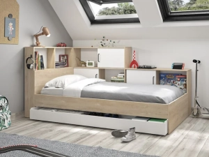 Modern wit tienerbed Erwann 90x200 met complete opbergruimte, lade en ingebouwde kastjes.