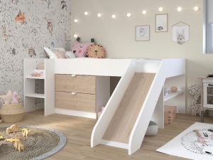 Half hoogslaper met glijbaan Tobo van PS Slapen, inclusief lades, legplank en glijbaan EAN 3480940292982 Parisot PS Slapen.