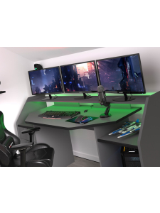 Detail van de meerkleurige LED-verlichting onder het monitorplank van het Parisot game bureau.