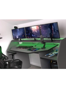 Detail van de meerkleurige LED-verlichting onder het monitorplank van het Parisot game bureau.