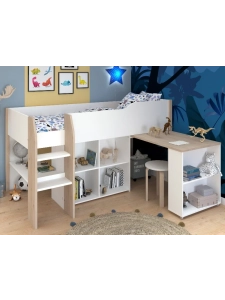 Halfhoogslaper met uitschuifbaar bureau Finland van PS Slapen in wit of eiken, inclusief opbergruimte. EAN 3480940291442 Parisot.